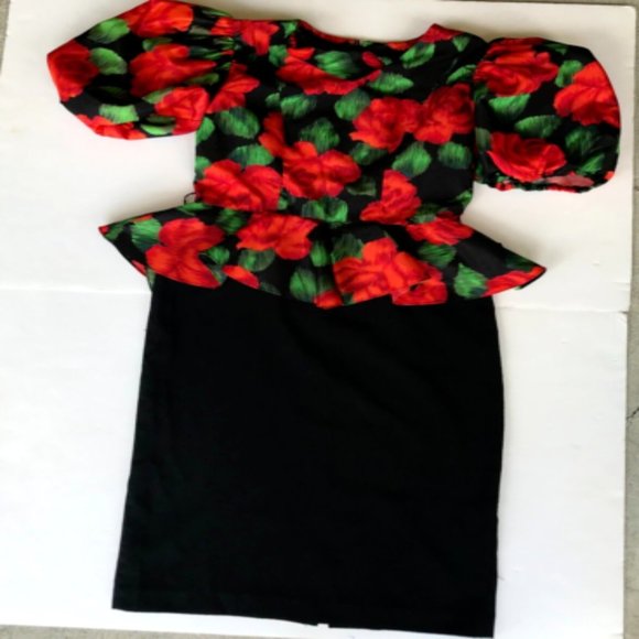 Mr. Mort Dress Black Red Floral Puff Sleeves Wedding Party Art Deco VTG… - Picture 3 of 14